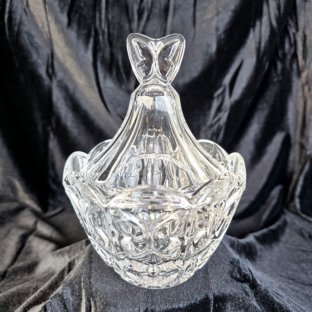 Rare VTG USA 5th Avenue 24% Lead Crystal Butterflies Candy‎ Dish w Lid Cherish